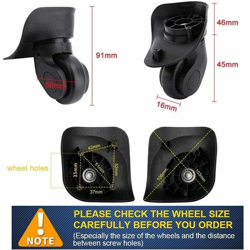 CAUTIOUS Lot 4 Roues Valise Remplacement 49 Mm - Pivotantes 360° - Rechange Universelle Bagages & Valises - Gauche/Droite
