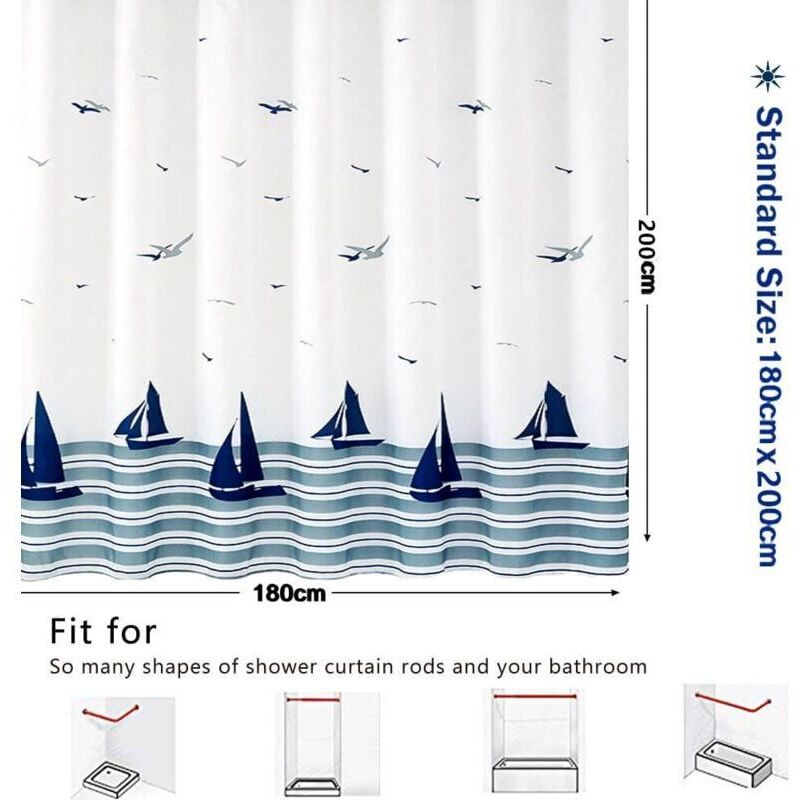 Rideau De Douche 180 X 200 Cm Polyester Anti-moisissure Motif Pieuvre + 12 Crochets C Lavable Imperméable Pour Baignoire Maison Hôtel
