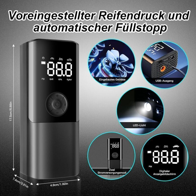 Mini Compresseur Air Portatif 6000mAh - Gonfleur Pneus Voiture Vélo 150 PSI Avec Manomètre Digital