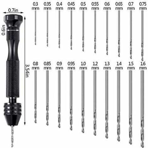 YMYNY 21 Pièces Ensemble de Pin Vise Comprend Perceuse à Main Pin Vise et 20 Pièces Mini Forets Hélicoïdaux (0,3 à 1,6 mm) pour Diy Bois Argile Résine Moulage Fabrication de Pendentif Bijoux (1/4)