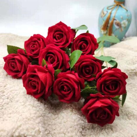 Lot de 10 Roses Artificielles, Deco Fausses Fleurs en Soie avec Tige Simple de 51cm, Fleur Réaliste pour Fête Jardin en Famille Hôtel Décoration de Mariage, Décor Floral (rouge)， (1/5)