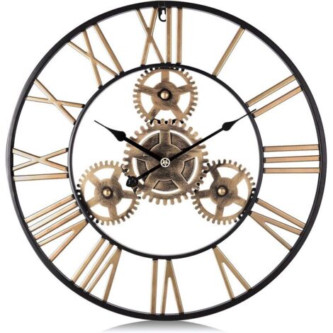 [JAMAIS UTILISÉ]Horloge Murale Engrenages Doré Géante Métal Industriel 50 cm Quartz Pendule Murale Chiffres Romains Silencieux pour Salon Bar Restaurant (1/5)