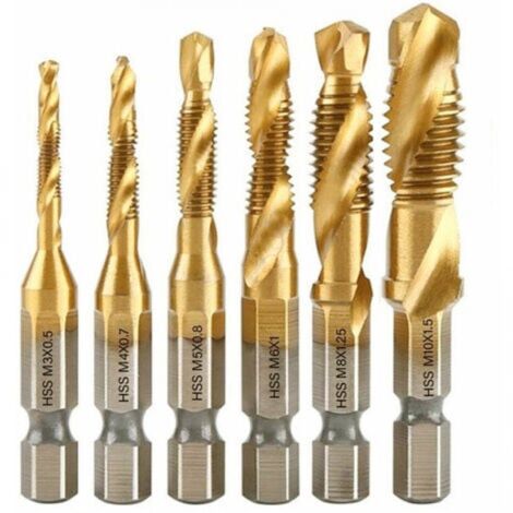 YMYNY Lot de 6 tarauds filetés, foret taraud, filetage métrique M3-M10 avec revêtement en titane HSS et embouts de taraudage 1/4" queue hexagonale cannelée pour tarauder différents (1/4)