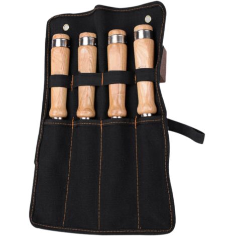 Professional 4pcs Ensemble de ciseaux à bois Poignées en bois robustes Ensembles de ciseaux vec étui en cuir pour le travail du bois, sculpture 8mm, 10mm, 16mm, 20mm