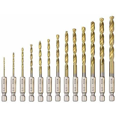 Foret Hélicoïdal en HSS 13Pcs Forets Hexagonaux en Acier Rapide avec Revêtement en Titane 1,5 Mm - 6,5 Mm pour Perçage du Bois/Métal/Plastique (1/5)