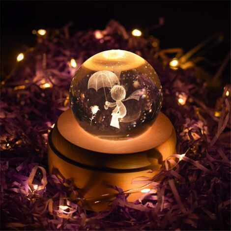 Aiperq – Boîte à musique rotative 3D en bois – Boule de cristal 7 cm – Projections lumineuses LED – Décoration Petit Prince Lune