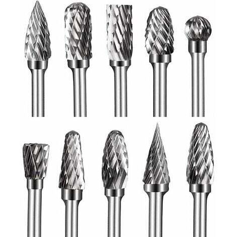 Fraises sur tige en Carbure de Tungstène à Double Coupe, 10 pièces Kit de fraises rotatives de 1/8” Tête d'affûtage de 6 mm (1/5)