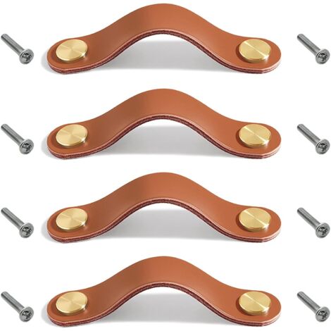 YMYNY Lot de 4 poignées de meubles en cuir, boutons en cuir véritable et cuivre, poignées d'armoire, poignées en cuir pour armoires et placards de cuisine (marron clair, double trou) (1/5)