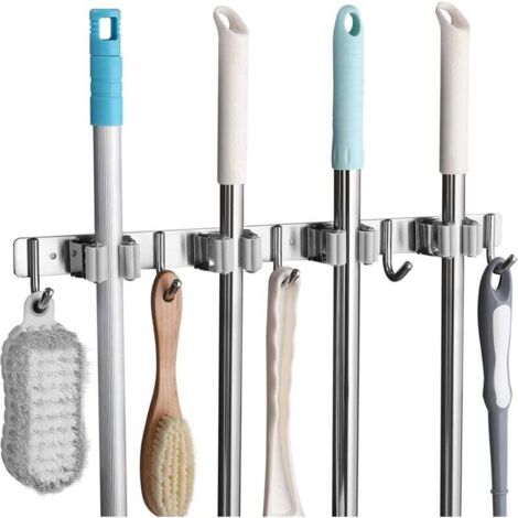 YMYNY Porte Balai Mural en Acier Inoxydable Accroche Crochet de rangement Balai Mural avec 4 Emplacements et 5 Crochets pour Cuisine, Salle de Bain, Garage et Jardin, Gris (1/4)