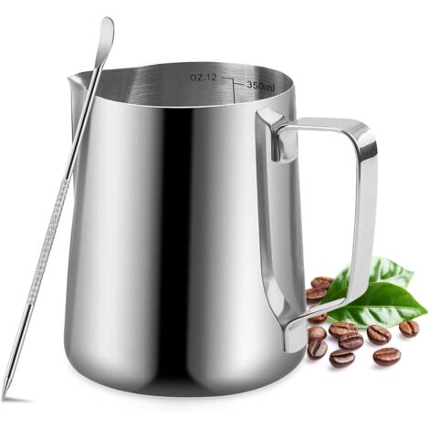 Pichet à lait 350 ml, pichet à mousse de lait en acier inoxydable, pichet à café à motif floral avec doseur et stylo, pichet à expresso, pichet à lait pour la préparation d'un café au lait (1/4)