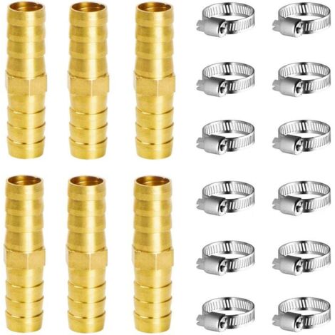 YMYNY Raccord en Laiton de Tuyau Raccord Pneumatique 10mm, 6 Pièces Connecteur de Tuyau en Laiton pour Carburant Air Eau Gaz Huile, Avec pinces (I) (1/4)