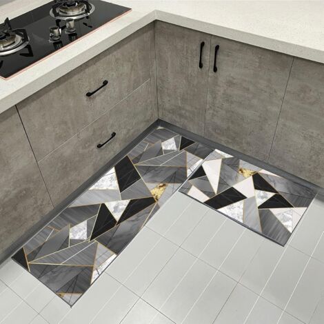 Lot de 2 tapis de cuisine antidérapants - Rayures géométriques - En marbre - Absorbe l'eau et l'huile - 40 x 60 cm + 40 x 120 cm (géométriques) (1/5)