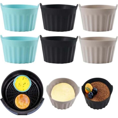 YMYNY 6PCS Moule Silicone Air Fryer,Plat Pour Friteuse Sans Huile,Mafin Coupe Moule,Moule Pour Gâteau Au Four,Moule à Tarte Aux Oeufs,Air friteuse Accessoires, Silicone Bakeware,Noir + gris + bleu (1/4)