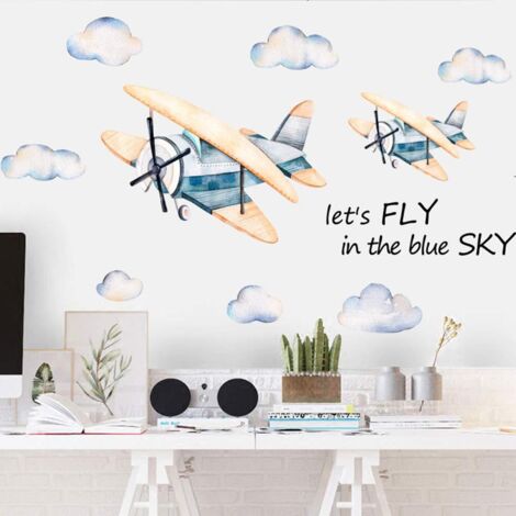 YMYNY Avion aquarelle avec stickers muraux nuage, pâte murale chambre d'enfant garçons chambre maternelle salle de jeux histoire de jouets salle de classe décoration de la maison, décoration murale am (1/5)