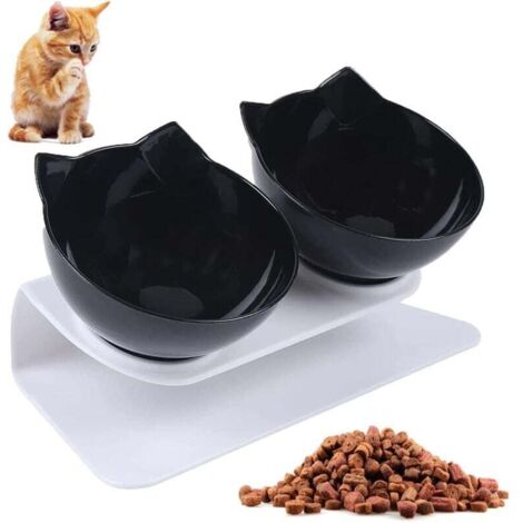 YMYNY Cat Bowl, Double Cat Bowl, 15° Tilting Support, Non-Slip, to Relieve Pet Neck Pain, for Small Cats and Dogs (Black) (1/4)