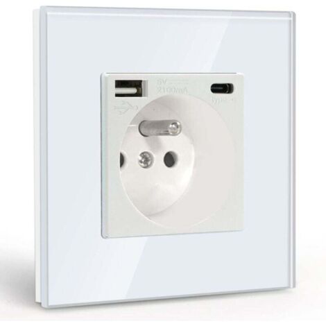 Prise murale Ulisem avec USB et 1 Type-C, AC blanc avec panneau en cristal, multiprise murale avec USB (max. 2,1 A), convient aux smartphones et tablettes (1/4)