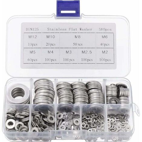 Rondelle Inox avec Boîte de Rangement (Lot de 580) - Assortiment de 9 Tailles M2, M2.5, M3, M4, M5, M6, M8, M10 & M12 - Lot de Rondelles Métal - Réparations, Usines & Décoration Intérieure (1/4)