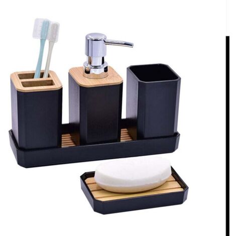 5 Pièces Ensemble d'Accessoires de Salle de Bain Accessoire pour Salle de Bain en Bambou avec Bouteilles de Lotion, Porte-Brosse à Dents, Gobelet à Dents, Porte-Savon, Plateau (Noir)