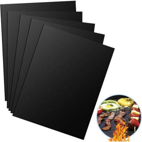 Set de 5 Cuisson Barbecue Tapis Anti-adhérent, Tapis de Cuisson 40x33CM Noir Résistant à Chaleur, Réutilisable, Nettoyable, Peut être coupé, pour Barbecue à Gaz, Charbon ou électriques (1/4)