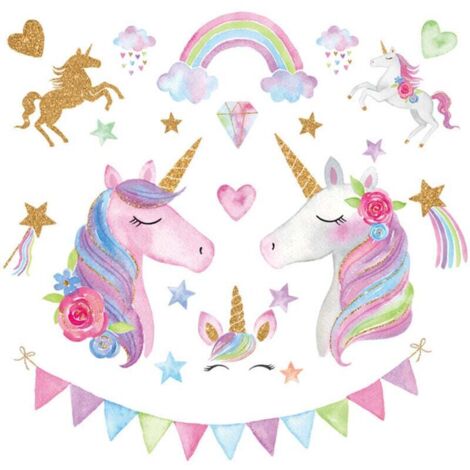 Stickers Muraux Licorne Arc-en-Ciel Autocollants Muraux Mural Stickers Nuages Étoile pour Chambre Bébé Fille Salon Garderie (1/4)