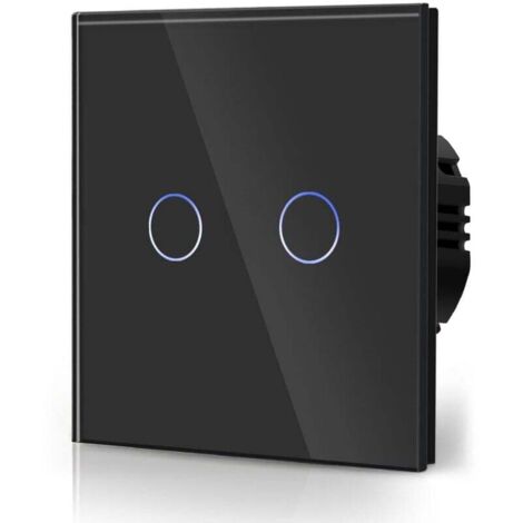 Interrupteur Tactile Normal Commutateur d'éclairage Mural Compatible avec la lumière LED Écran Tactile en Verre 110V-240V Plaque de Cristal Trempé avec Rétroéclairage Bouton 2 Gang 2 Voie Noir (1/4)