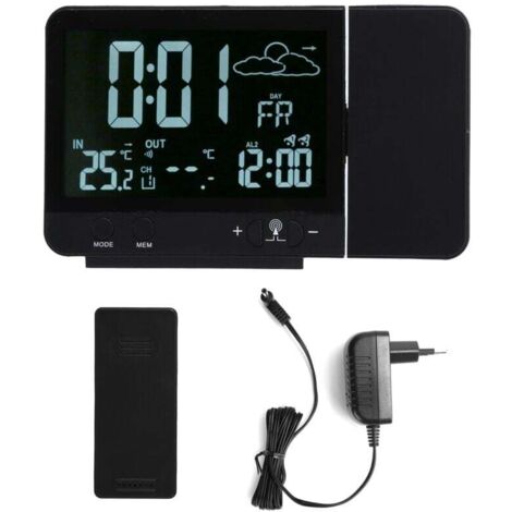 Horloge réveil avec projection, thermomètre hygromètre sans fil intérieur/extérieur, jauge de température et d'humidité. Alimentation EU 230V. (1/4)