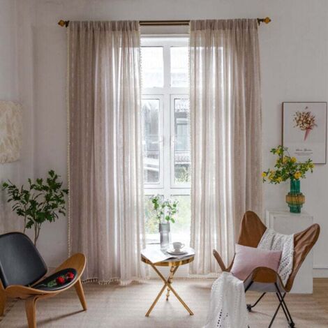 Rideaux de Ferme en Lin à Franges Brodées - pour Chambre à Coucher - avec Poches pour Tringle (1/4)