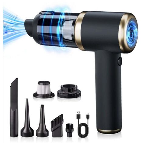 Aspirateur de voiture sans fil, double usage aspiration et soufflage, mini aspirateur électrique. Grande suction, avec brosse, version suprême noir-or [2 filtres + sac aviation]. (1/4)