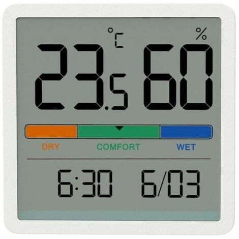 Hygromètre et thermomètre d'intérieur, thermomètre numérique de bureau avec moniteur de température et d'humidité. Jauge d'humidité précise avec horloge. Design blanc. (1/4)