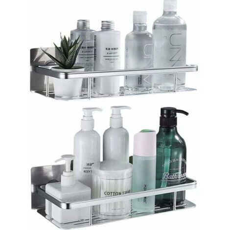 Douche sans perçage - Aluminium - Rangement de salle de bain résistant à la rouille - Etagère de salle de bain autocollante - Chariot de douche sans perçage avec 4 crochets - Argent - Etagere de Douc (1/4)