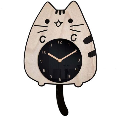 Horloge Murale en Bois "Chat qui Remue la Queue" - Cartoon, Silencieuse et Créative - pour Chambre d'Enfant - avec Pendule (1/4)