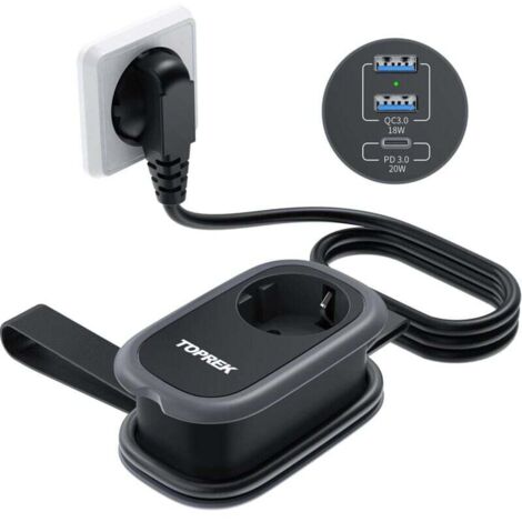USB Multiprise, Chargeur de Voyage avec Charge Rapide USB-C(20W PD3.0) et 2 USB-A(18W QC3.0) et 1 Schuko, 4000W/16A, 1.13M Cable,Convient pour Les Voyages, Bureau, Maison, Bureau, Noir