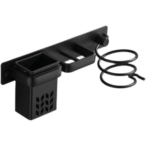 Support mural de salle de bain pour sèche-cheveux et accessoires, organisateur en aluminium avec étagère et trous. Argenté et noir.