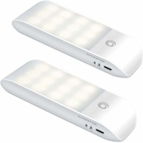 LED Automatique, 12 LED Lampe Nuit Placard Rechargeable USB avec Détecteur Mouvement Bande Magnétique Adhésive, 3 Modes (Auto/On/Off) pour Chambres, Escaliers, Armoires,Couloir 2Pcs，