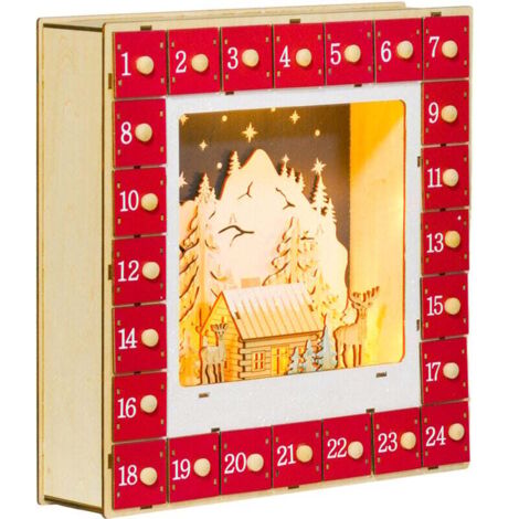 Calendrier de l'Avent LED avec décor de village, 24 grands tiroirs, MDF, 34 x 7 x 34 cm, rouge (1/4)
