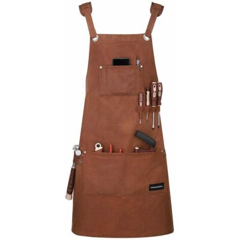 Tablier d'Outils, Tablier de Travail Résistant à l'huile Imperméable Multifonctionnel de Toile Cirée Résistante avec des Poches d'Outil pour la Peinture Artisanat en Bois etc, Marron (1/4)