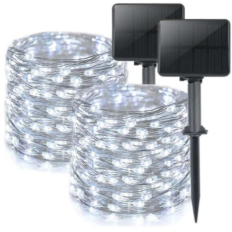 Lot de 2 Guirlande Solaire Exterieur, Totale 16m 160LED Lumineuse Étanche, 8 Modes Décoration pour Jardin Terrasse Cour Noël Mariage Fête, Blanc brillant (1/4)