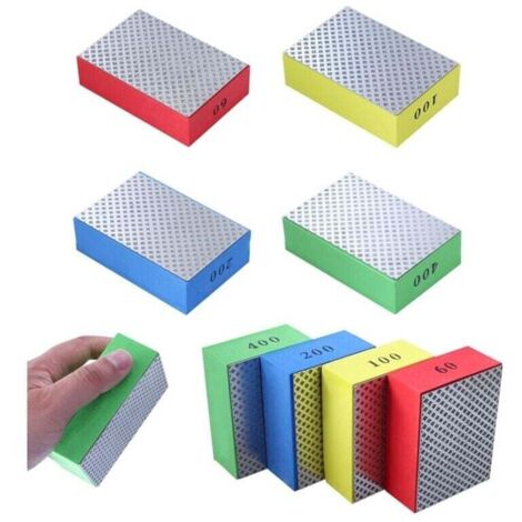 Lot de 4 tampons de polissage diamant à la main, blocs de ponçage pour pierre, céramique, carrelage, verre, 4 niveaux de rugosité – 60 100 200 400 (côté argenté)