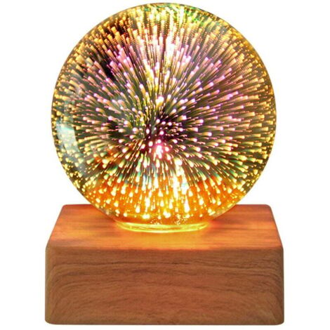 Veilleuse LED Boule de Cristal 3D, Veilleuse Feu d'Artifice LED, Lampe de Bureau Romantique, Boule de Verre Cristal Magique, Lampe Décorative avec Socle Bois (1/4)