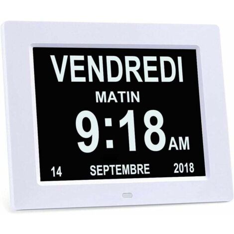 8" LCD Horloge Numérique Calendrier avec Date, Jour et Heure Horloge Alzheimer pour Les Seniors,C'est pour Les Parents (Blanc) (1/4)