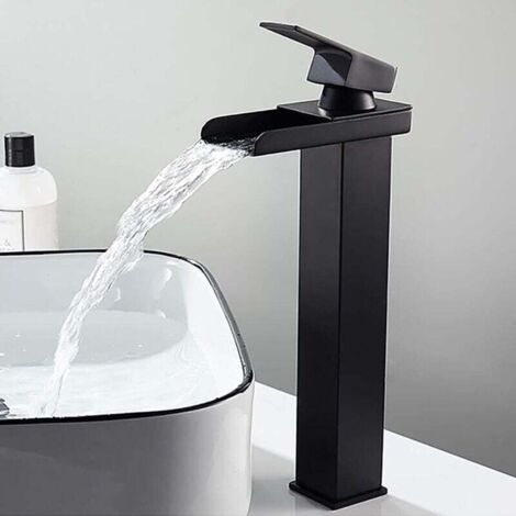 Mitigeur lavabo rectangulaire noir mat, robinet cascade réglable eau chaude/froide. Acier inoxydable anti-oxydation sans plomb, pour basin de comptoir ou lavabo main. (1/4)