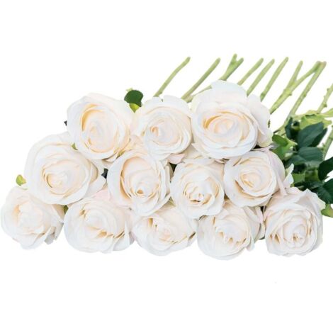 Lot de 12 Roses artificielles en Soie (Blanc) pour décoration d'intérieur, de fête de Mariage (1/4)