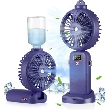 Ventilateur brumisateur portable, rechargeable, 5 vitesses, pliable à 90°, idéal pour le camping, la maison et le bureau, violet (1/4)