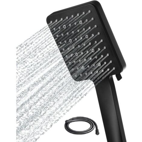 Pommeau de douche à main carré haute pression avec tuyau de 1.5 m - 6 modes de pulvérisation - Noir (1/4)