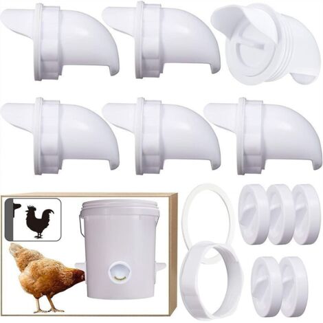 6 Pcs Mangeoire Poules Automatique, Avec 6 Ports Et Scie Cloche, éTanche à la Pluie, Mangeoire à Poulet sans DéChetsConvient aux seaux, seaux, boîtes, auges, mangeoires à poulets zéro déchet (1/4)