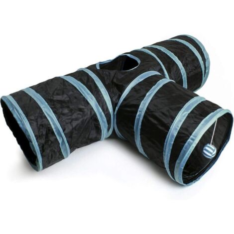 Tunnel Chat Tunnel Pliable, Jouet Chat Interactif Tunnel Lapin à 3 Canaux, avec Boule pendante - intérieur/extérieur - Garniture Noire/Bleue (1/4)