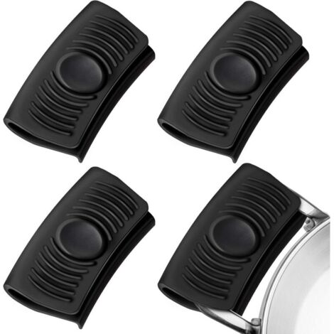 2 Paires de Support de Poignée(Noir) en Silicone d'Assistance Poignée de Pot Isolée Thermiquement Support Couvercle Manchons Maniques de Poignée Chaude pour Casseroles Assiettes (1/4)