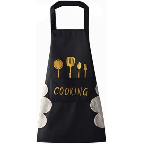Tablier de cuisine(Noir) pour femme avec poches pour essuyer les mains, grande poche, essuyage à la main, imperméable pour la cuisine et la pâtisserie (1/4)