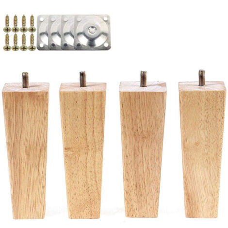 4 Pcs Pieds de Meuble en Bois 15cm Pieds de Armoire Lit avec Plaques de Montage et Vis (1/4)