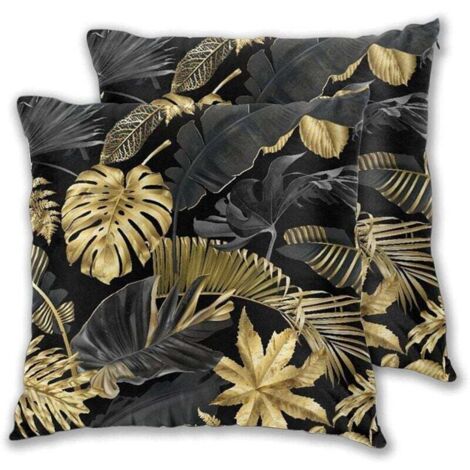 Housses de Coussin, Feuilles Tropicales Or et Noir sur Fond Sombre Housse Coussin 45x45 cm Lot de 2 Décoratives Taies d'oreiller avec Fermeture éclair Invisible (1/4)